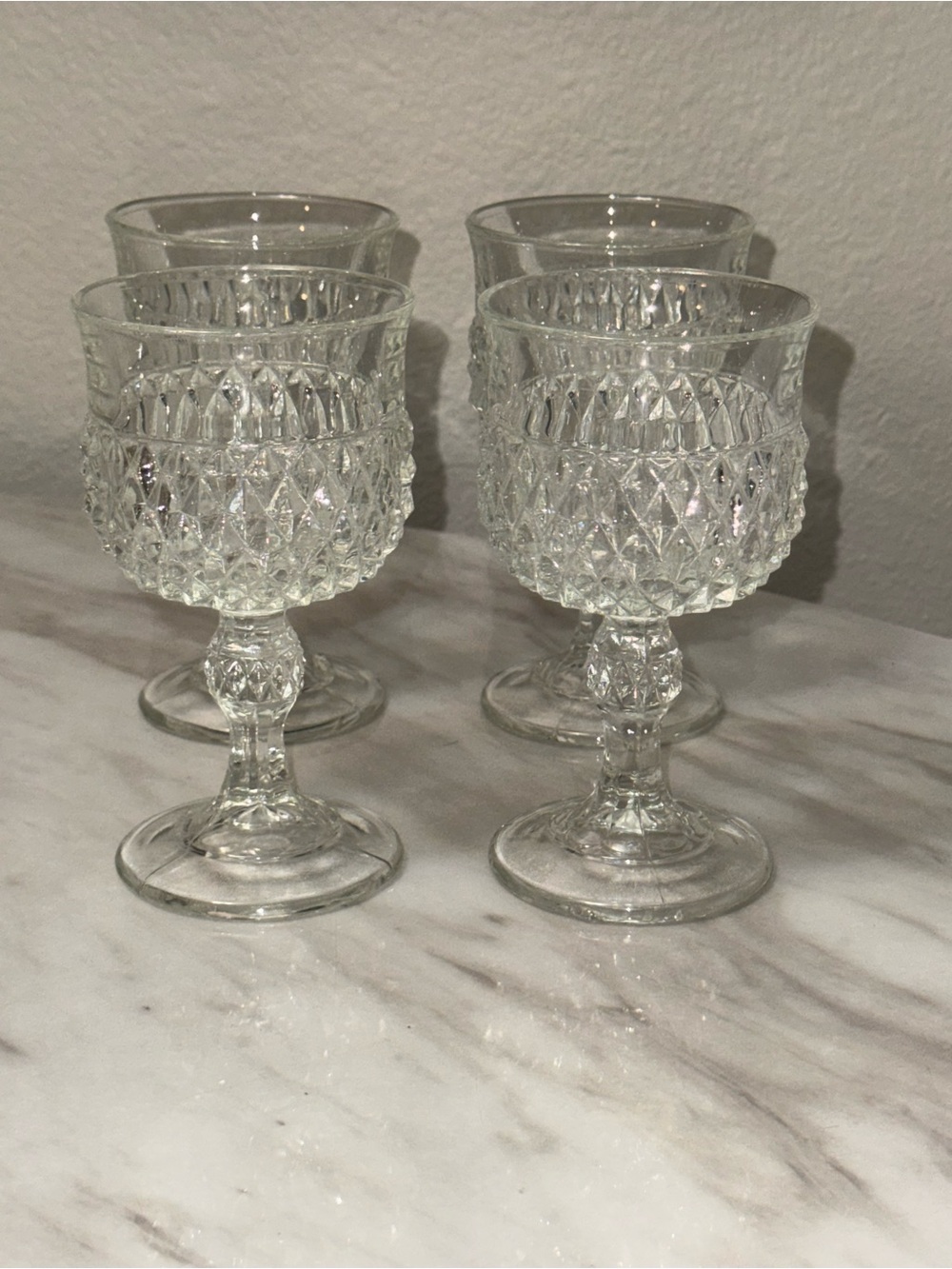Indiana Glass Diamond Point Water Goblets 6.5 inch Thick Heavy Set of 4